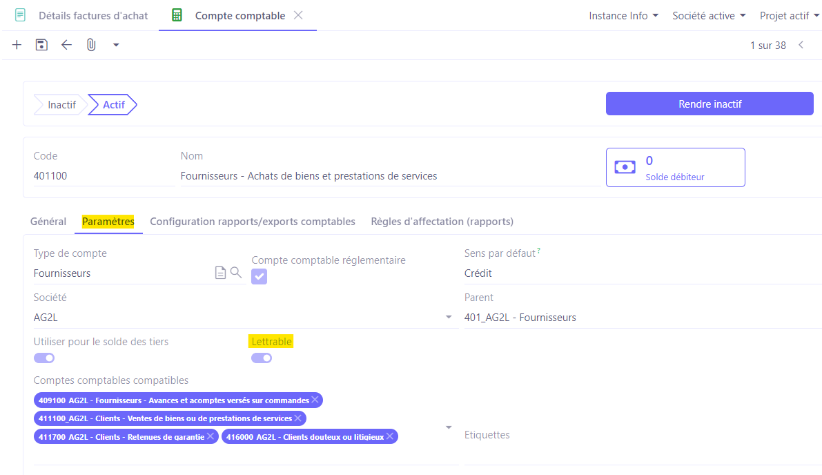 1.1. Accès : Comptabilité → Configuration → Financière → Comptes comptables → onglet Paramètres → activez l’option “Lettrable”.