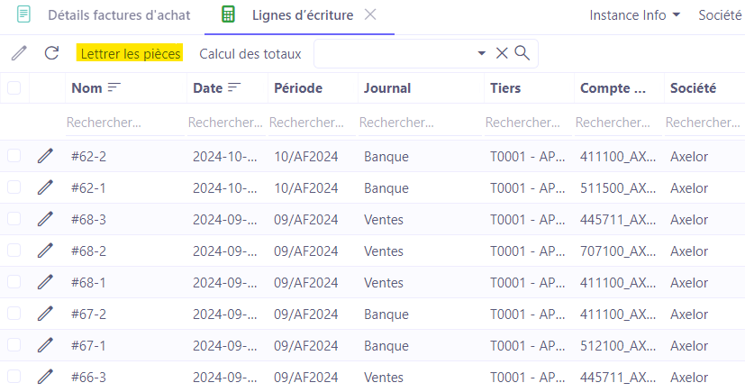 1.1. Vous pouvez lettrer les pièces depuis les lignes d'écriture. Accès : Comptabilité → Écritures → Lignes d’écriture. Cliquez sur “Lettrer les pièces”.