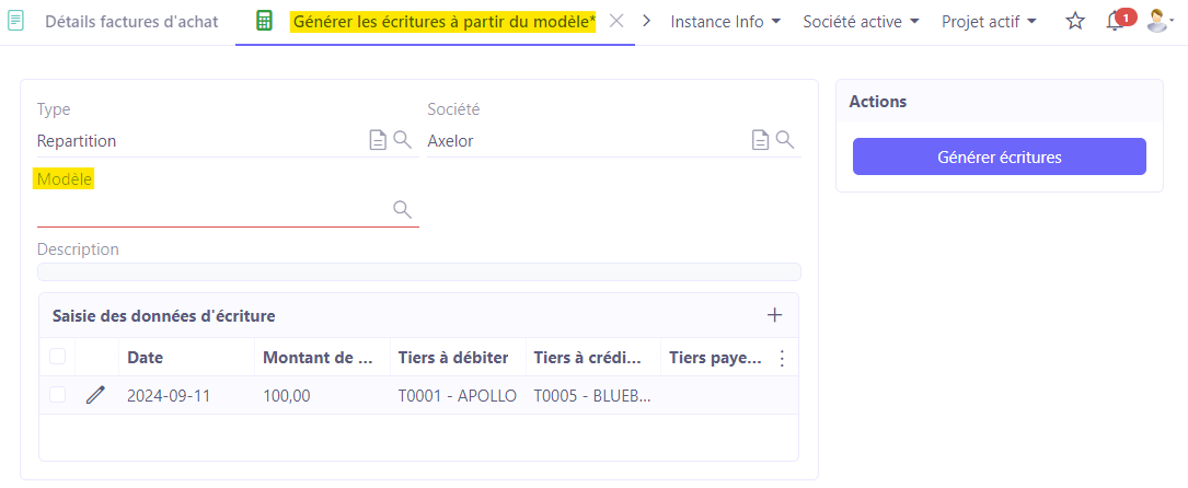 1.1. Vous pouvez créer une écriture à partir d'un modèle. Accès : Comptabilité → Écritures → Écriture à partir du modèle.