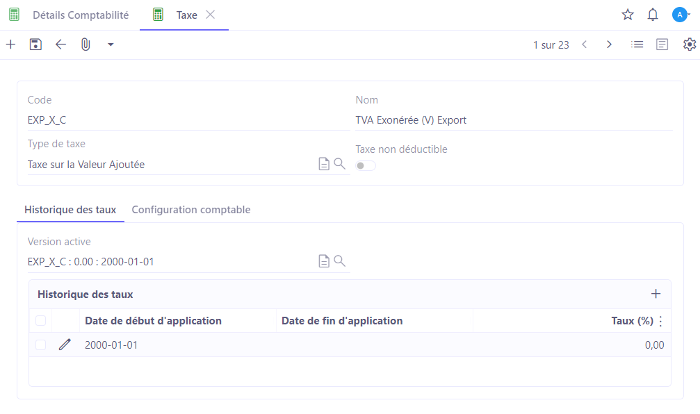 1.1. Accès : Comptabilité → Configuration → Financière → Taxes. Sur l'image : une fiche de la taxe.