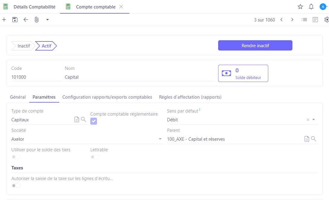 1.1. Accès : Comptabilité → Configuration → Comptes comptables. Sur l'image : une fiche du compte comptable.