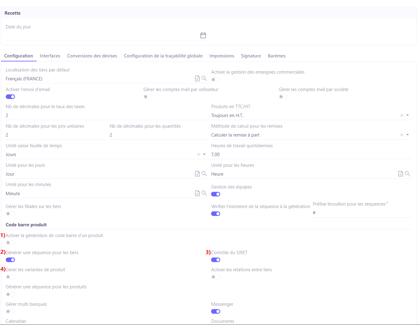 1.1. 1) Activer la génération de code barre d'un produit ; 2) Générer une séquence pour les tiers  ; 3) Contrôle du SIRET  ; 4) Gérer les variantes de produit.