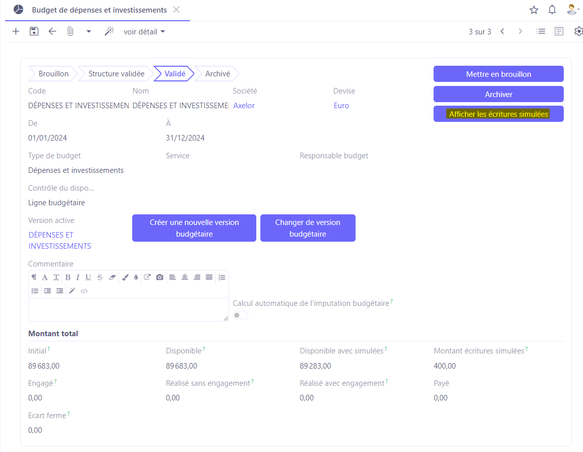 1.1. Le bouton “Afficher les écritures simulées”. Ce bouton apparait lorsque vous appliquez des écritures simulées sur votre budget.