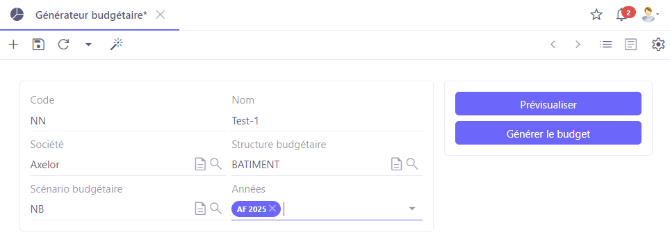 1.1. Fiche d'un générateur budgétaire avec un scénario sélectionné qui a été configuré en amont. Cliquez sur “Générer le budget” afin de générer un budget. Cliquez sur “Prévisualiser” si vous souhaitez prévisualiser le résultat sans valider le budget.