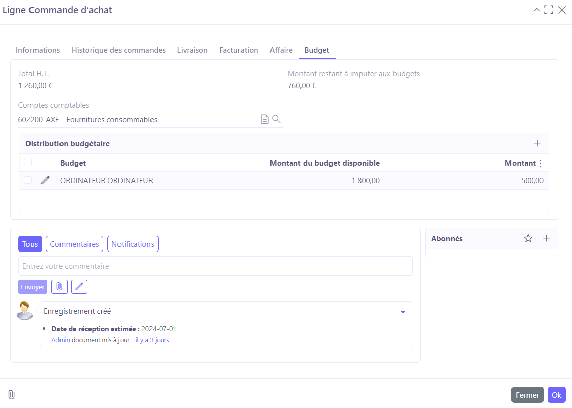 1.1. Une ligne de distribution budgétaire sur la Ligne commande d'achat (onglet Budget). Pensez à sélectionner un compte comptable pour que la table Distribution budgétaire apparaisse.