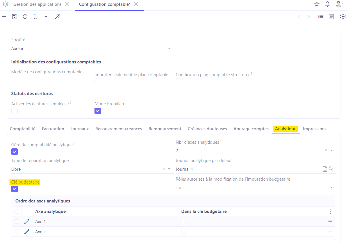 1.1. Activez la clé budgétaire. Accès : Config applicative → Gestion des applications → Comptabilité, configurer → ouvrir la configuration comptable de la société → activez la case de la clé budgétaire.