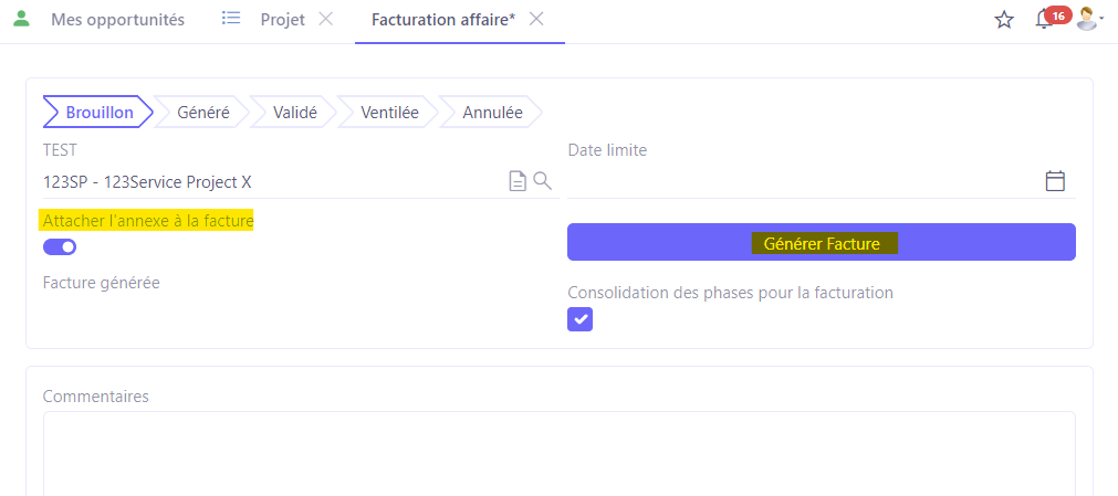 1.2. Sur le formulaire Facturation affaire, cliquez sur le bouton “Générer facture”. Si vous le souhaitez, activez l'option “Attacher l’annexe à la facture”.