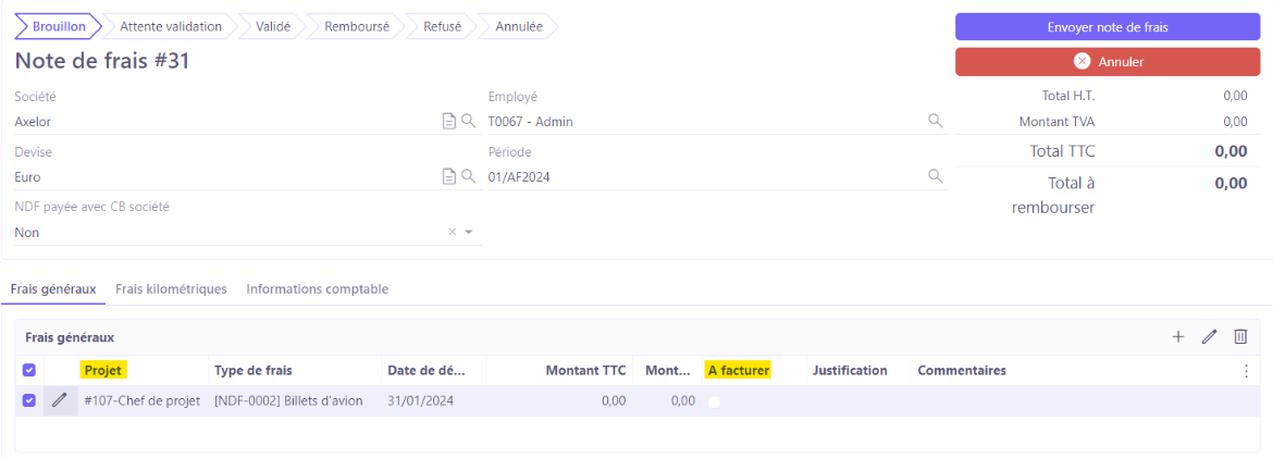 1.1. Fiche d'une note de frais. Sur la table “Frais généraux”, vous trouverez une affaire (projet) renseignée sur une ligne de note de frais. Cliquez sur la coche “A factuer” pour déclencher sa refacturation au client lors de la facturation à l’affaire.