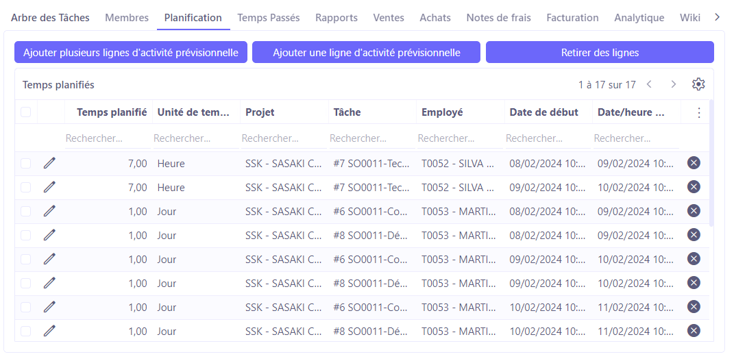 1.1. Depuis l'onglet Planification, ajoutez des lignes d'activité. La création d’une ligne d’activité prévisionnelle nécessite une unité de temps, une prestation, un employé, une date de début et de fin, et un temps planifié.