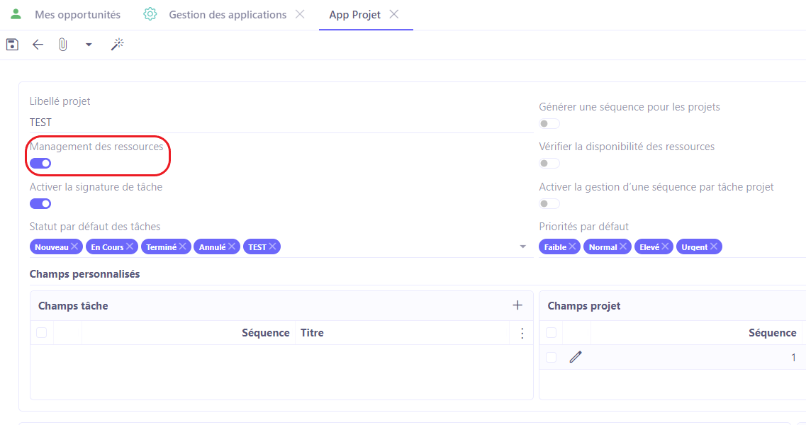 1.1. Sachez qu'il est nécessaire d'activer l'option Management des ressources pour que les menus d'entrées soient disponibles dans la Configuration. Config applicative → Gestion des applications → Projet → activez l'option Management des ressources → sauvegardez les modifications apportées et rafraichissez le navigateur. Les entrées des menus Types de ressources et Ressources vont apparaître par la suite.