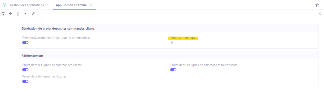 1.1. La génération d’une affaire peut également se faire automatiquement si vous activez l’option “Projet automatique” dans la configuration applicative du module Gestion à l’affaire. Accès : Config applicative → Gestion des applications → Gestion à l’affaire, configurer → activez l’option “Projet automatique”.