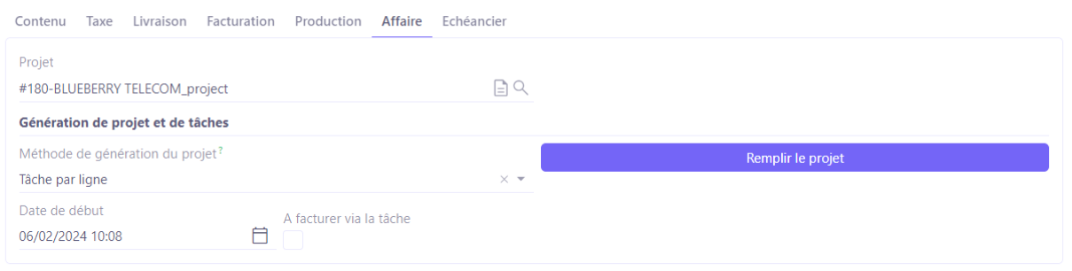 1.1. Depuis une commande existante, sur l'onglet Affaire, il est possible de rattacher une affaire déjà existante plutôt que de la générer. Lorsque l’affaire est déjà remplie sur la commande client, le bouton s’appelle désormais “Remplir le projet”.