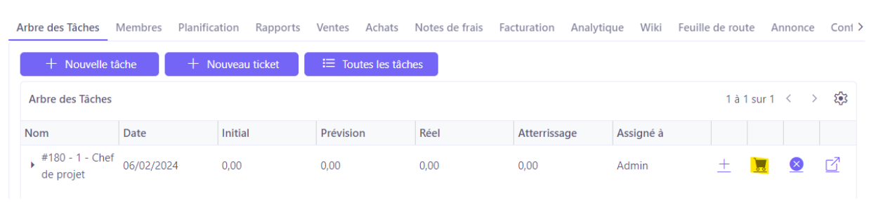 1.1. Il est possible de générer un achat depuis une tâche projet, soit depuis l’Arbre des tâches, soit depuis l’onglet “Achat” de la tâche. Sur l'image : onglet Arbre des tâches et l'icône de caddy. Le fait de cliquer sur l'icône de caddy permet de générer un achat (commande fournisseur)