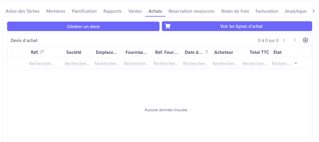 1.1. Pour gérer un achat non rattaché à une tâche spécifique, il suffit de passer par l’onglet “Achats” de l’affaire.