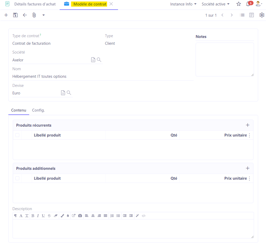 1.1. Accès : Contrat → Configuration → Modèle de contrat → +. Sur l'image, la fiche d'un modèle de contrat.