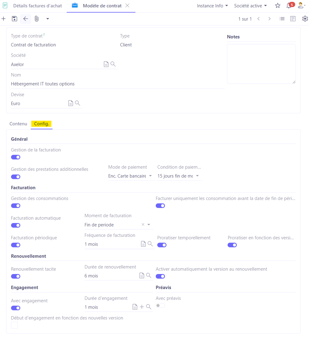 1.1. Onglet Configuration sur la fiche d'un modèle de contrat. Vous y trouverez les différentes options à activer.