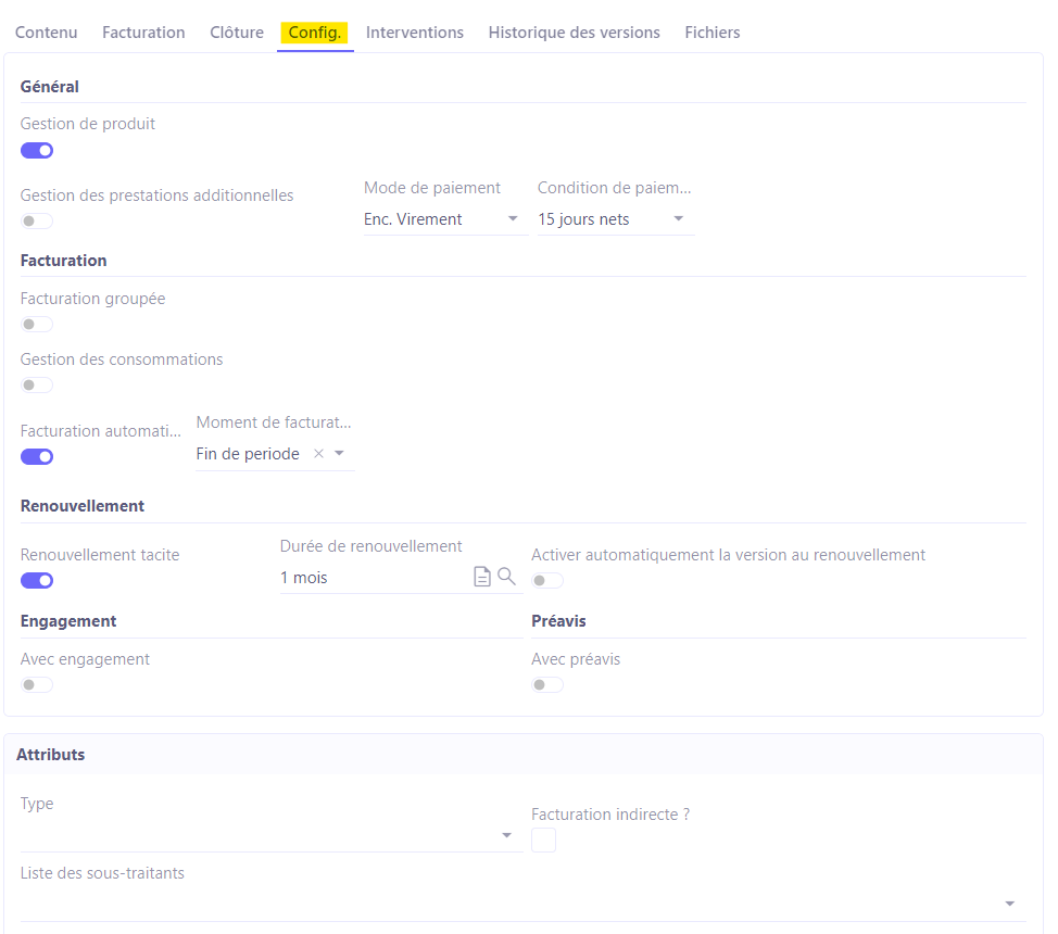 1.1. Onglet Configuration avec les options disponibles. Vous pouvez y configurer la facturation, le renouvellement, la gestion des prestation etc.