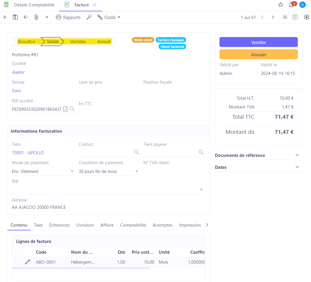 1.1. Workflow d'une facture : Brouillon → Validé → Annulé → Ventilé.