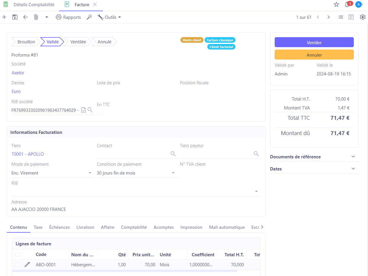 1.1. Accès : Facturation → Facture client → +. Exemple d'une facture.