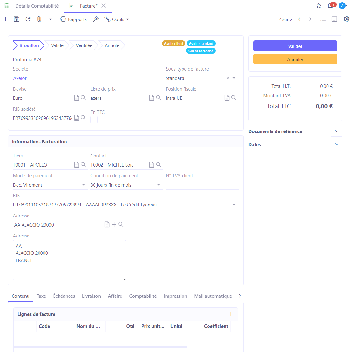 1.1. Accès : Facturation → Avoirs des clients (ou Avoirs des fournisseurs). Sur l'image : la fiche d'un avoir.