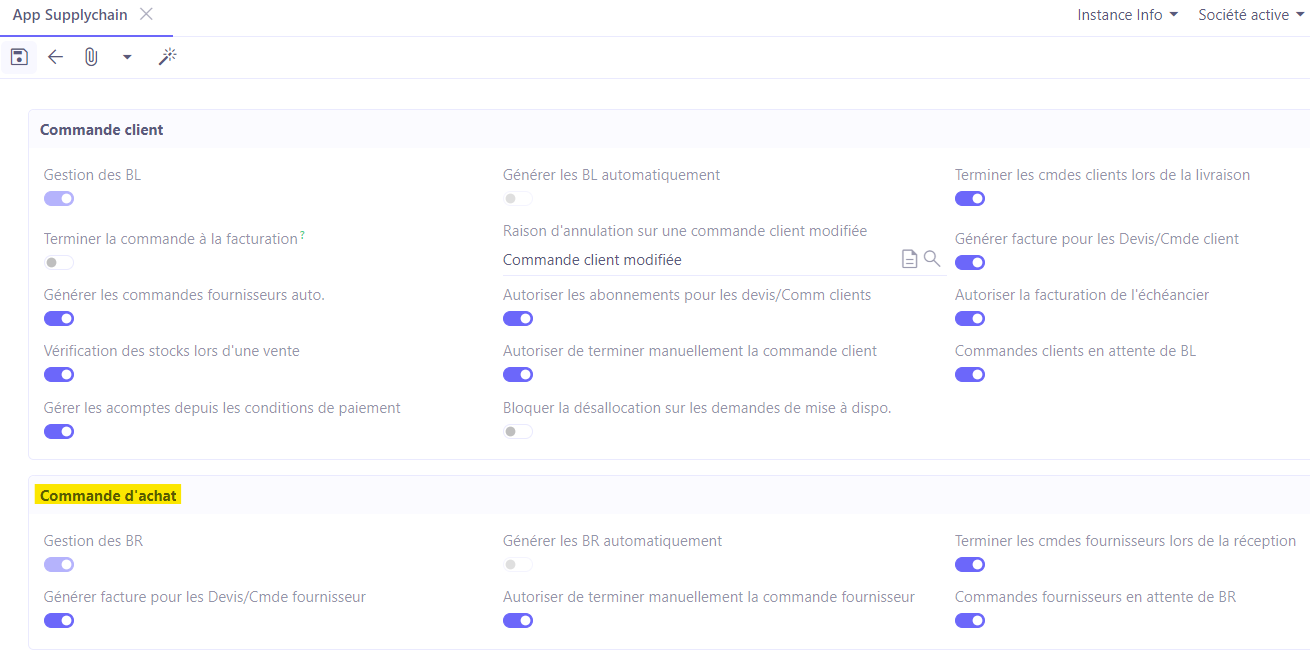 1.3. Configurations de la Commande d'achat dans le module Supplychain. Accès : Config applicative → Gestion des applications → Supplychain, configurer → configurez la partie Commande d'achat.