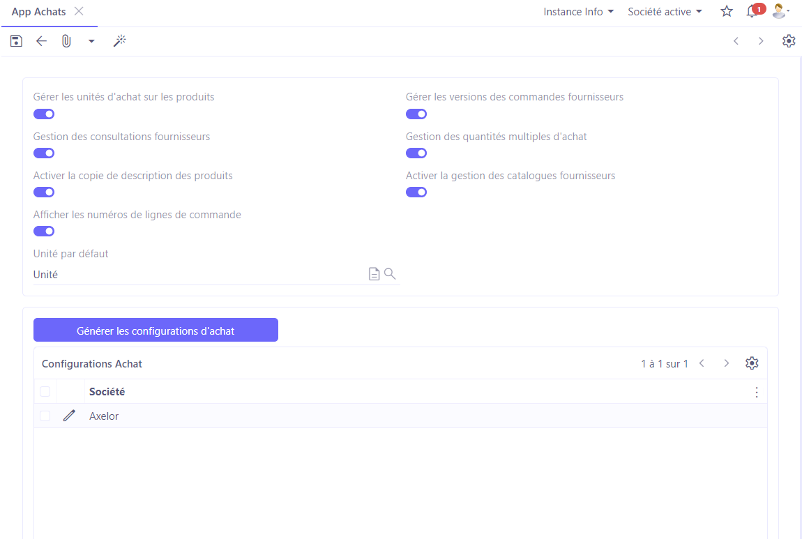 1.1. Configuration du module Achats. Accès : Config applicative → Gestion des applications → Achats, configurer.