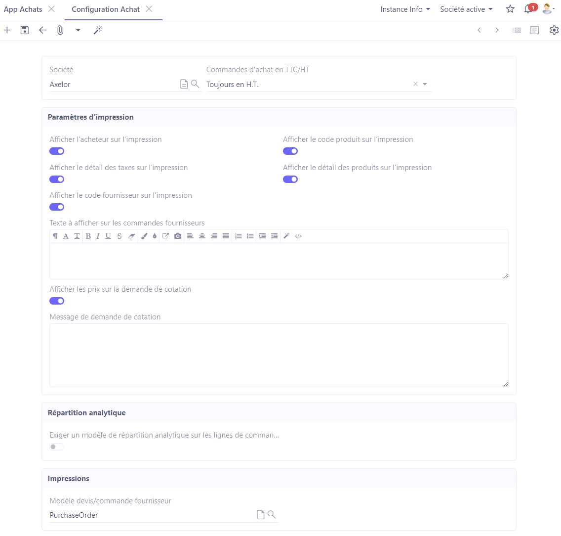 1.2. Configurations par société. Accès : Config applicative → Gestion des applications → Achats, configurer → cliquez sur la fiche de la société qui se trouve en bas de la page afin d'accéder aux configurations par société.