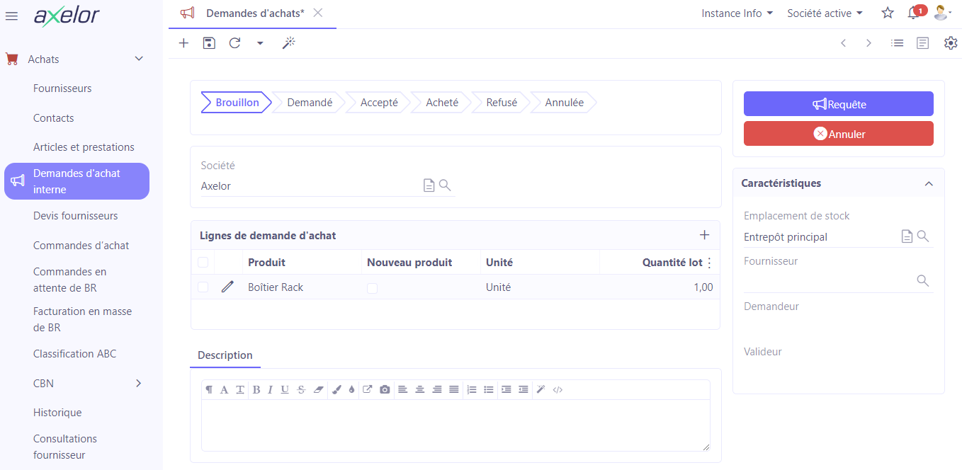 1.1. Accès : Achats → Demande d'achat interne → créez une nouvelle demande. Sur l'image : la fiche d'une demande d'achat interne.