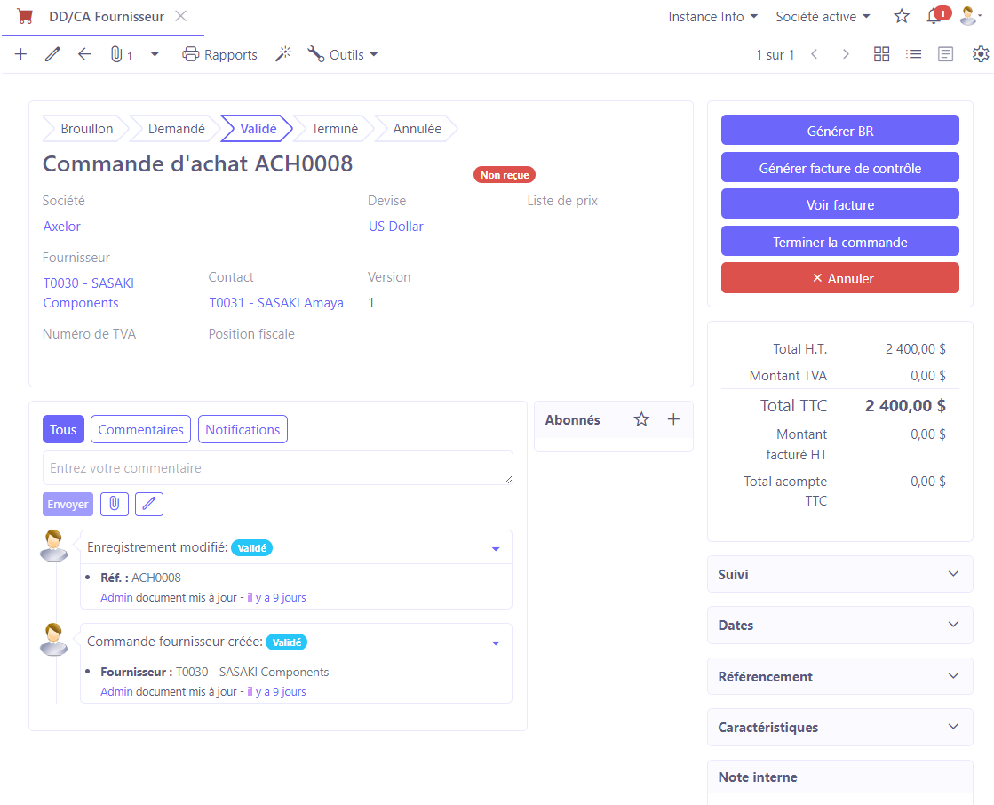 1.1. La fiche d'une commande d'achat (accès : Achats → Commandes d'achat).