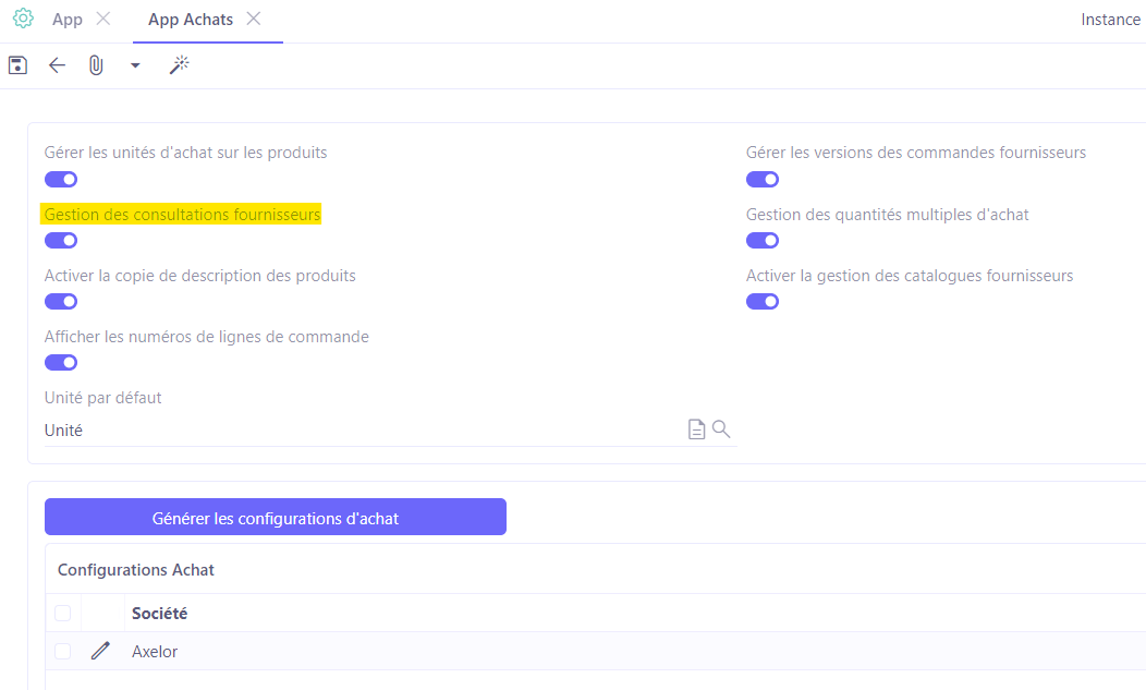 1.1. Activez de la configuration “Gestion des consultations fournisseurs”. Accès : Config applicative → Gestion des applications → Achats, configurer → activez l’option “Gestion des consultations fournisseurs”.