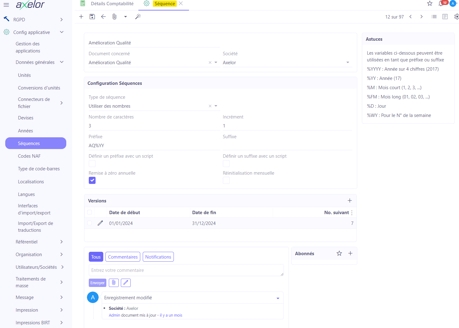 1.1. Accès : Config applicative → Données générales → Séquences → +. Sur l'image, la page de création d'une séquence.