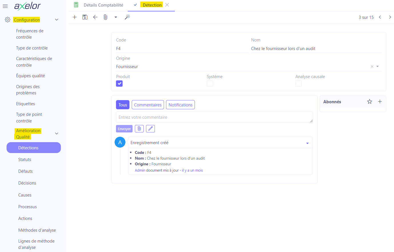 1.1. Accès : Qualité → Configuration → Amélioration qualité → Détection. Une détection permet de déterminer quelle partie prenante a détecté le problème, nécessitant la création de la fiche amélioration qualité.