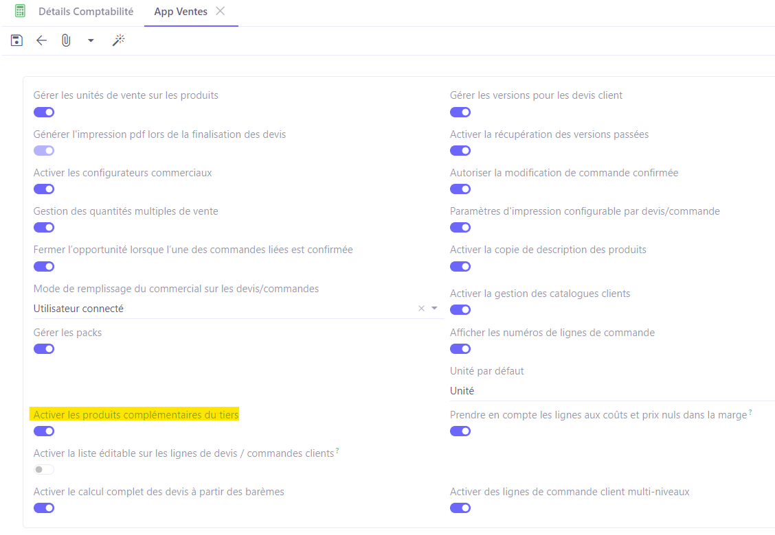 1.1. Accès : Config applicative → Gestion des applications → Ventes, configurer → activez l’option “Activer les produits complémentaires du tiers”. Sauvegardez les modifications apportées. .