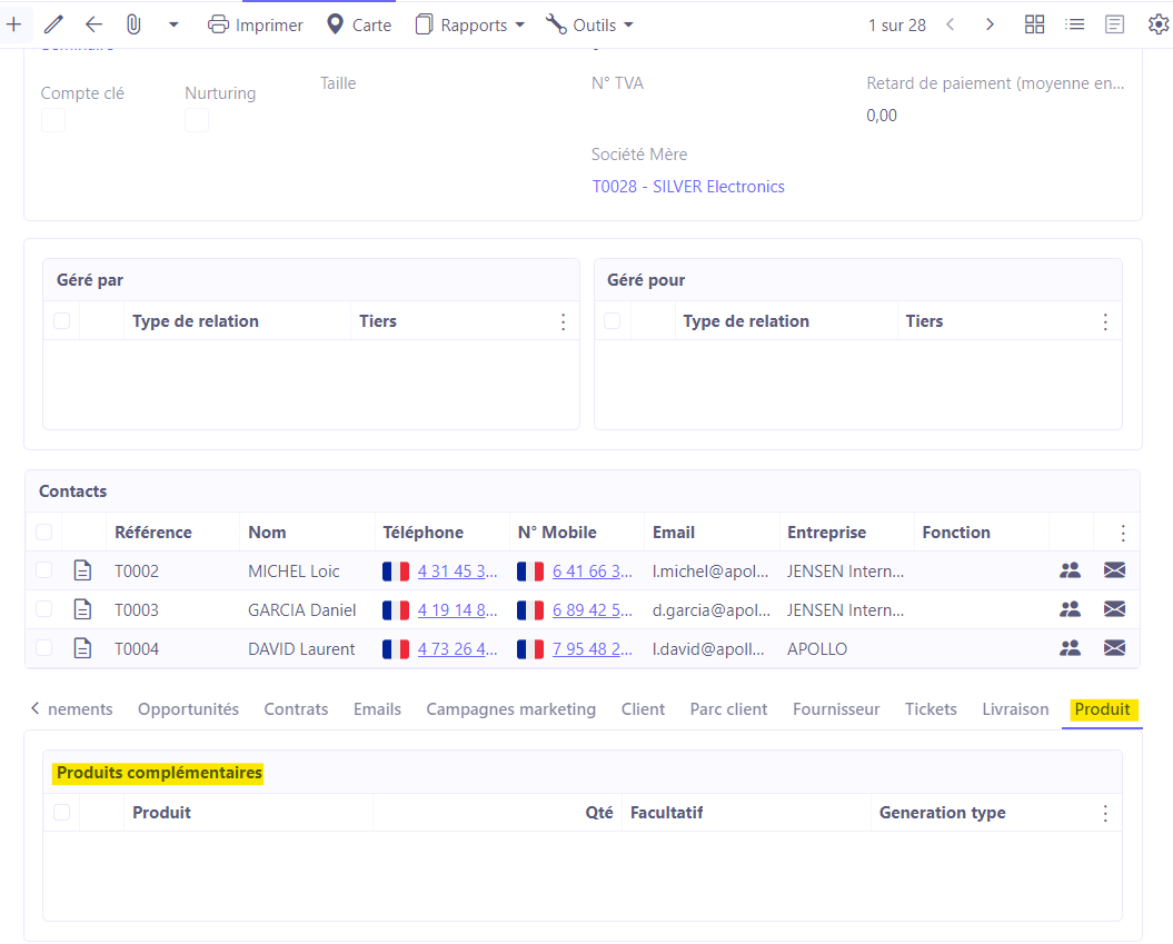 1.1. Accès : Ventes → Clients → ouvrez une fiche client. Sur la fiche client, pour configurer les produits complémentaires au niveau de la fiche tiers, il vous suffit de vous rendre dans l’onglet “Produits”.