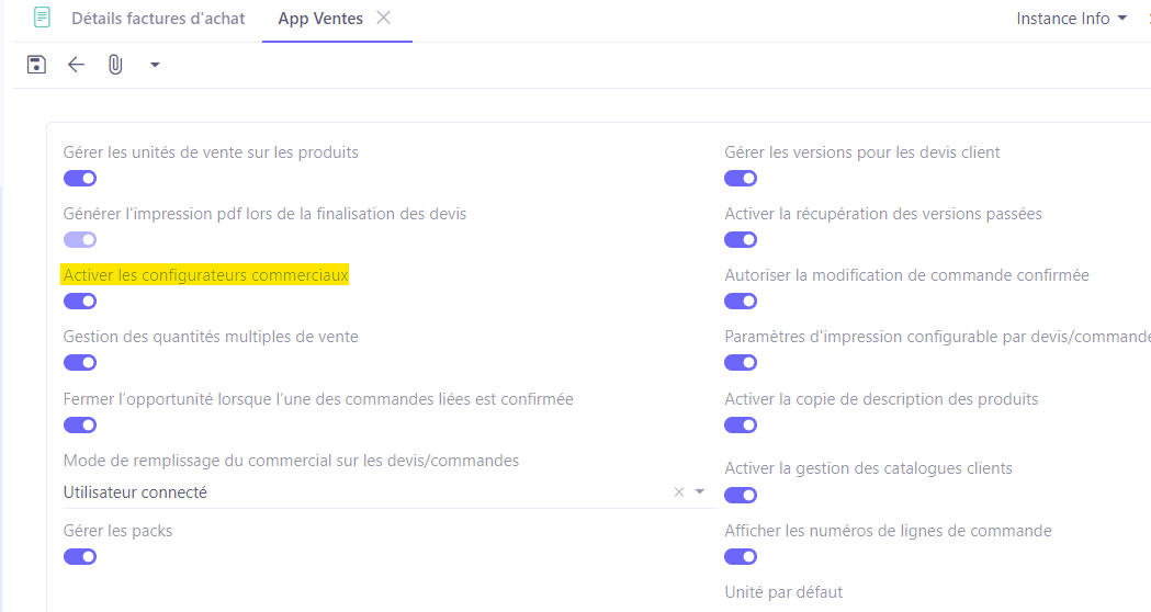 1.1. Accès : Config applicative → Gestion des applications → Ventes, configurer → activez l’option “Activer les configurateurs commerciaux”.