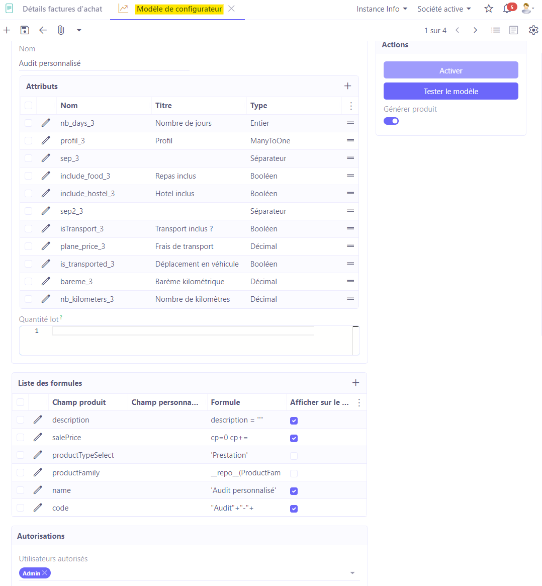 1.1. Accès : Ventes → Configurations → Configurateurs → Modèles de configurateur.