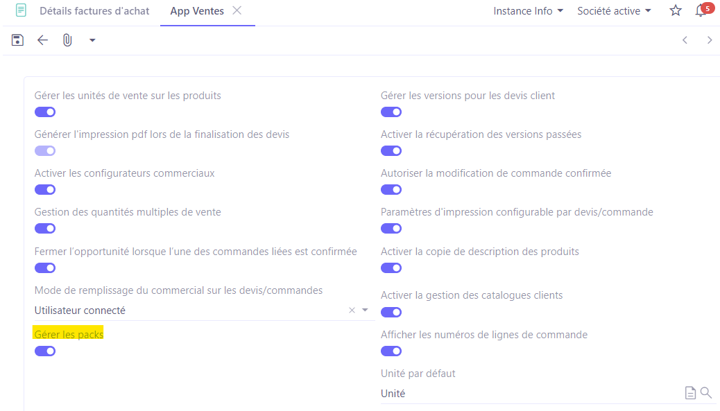 1.1. Accès : Config applicative → Gestion des applications → Ventes, configurer → activez l’option “Gérer les packs”.