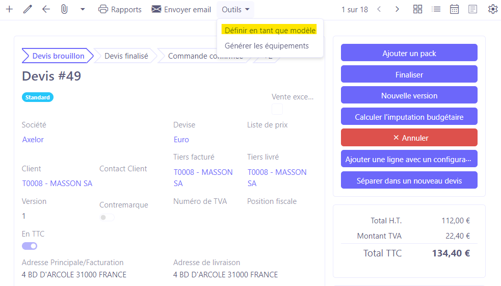 1.1. Accès : Ventes → Devis client. Sur un devis existant, cliquez sur le bouton “Outils” sur la barre d’outils en haut. Par la suite, sélectionnez l’action “Définir en tant que modèle”.