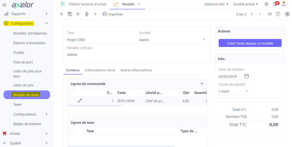 1.2. Vous pouvez également créer un modèle de devis depuis le menu Modèle de devis. Accès : Ventes → Configurations → Modèle de devis.