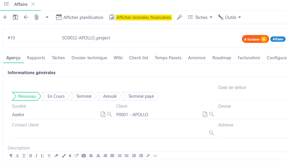 1.2. Cliquez sur le bouton “Afficher données financières” afin d'ouvrir l'onglet Ventes. Vous y trouverez d'autres onglets comme Achats, Note de Frais, Contrats, Production et Facturation.