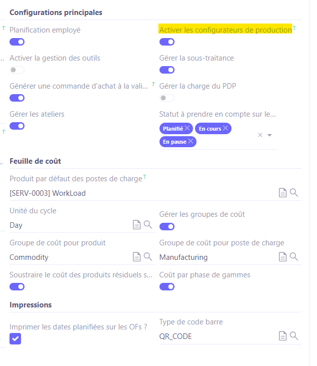 1.1. Accès : Config applicative → Gestion des applications → Production, configurer → dans la partie “Configurations principales”, activez l’option “Activer les confgurateurs de production”.