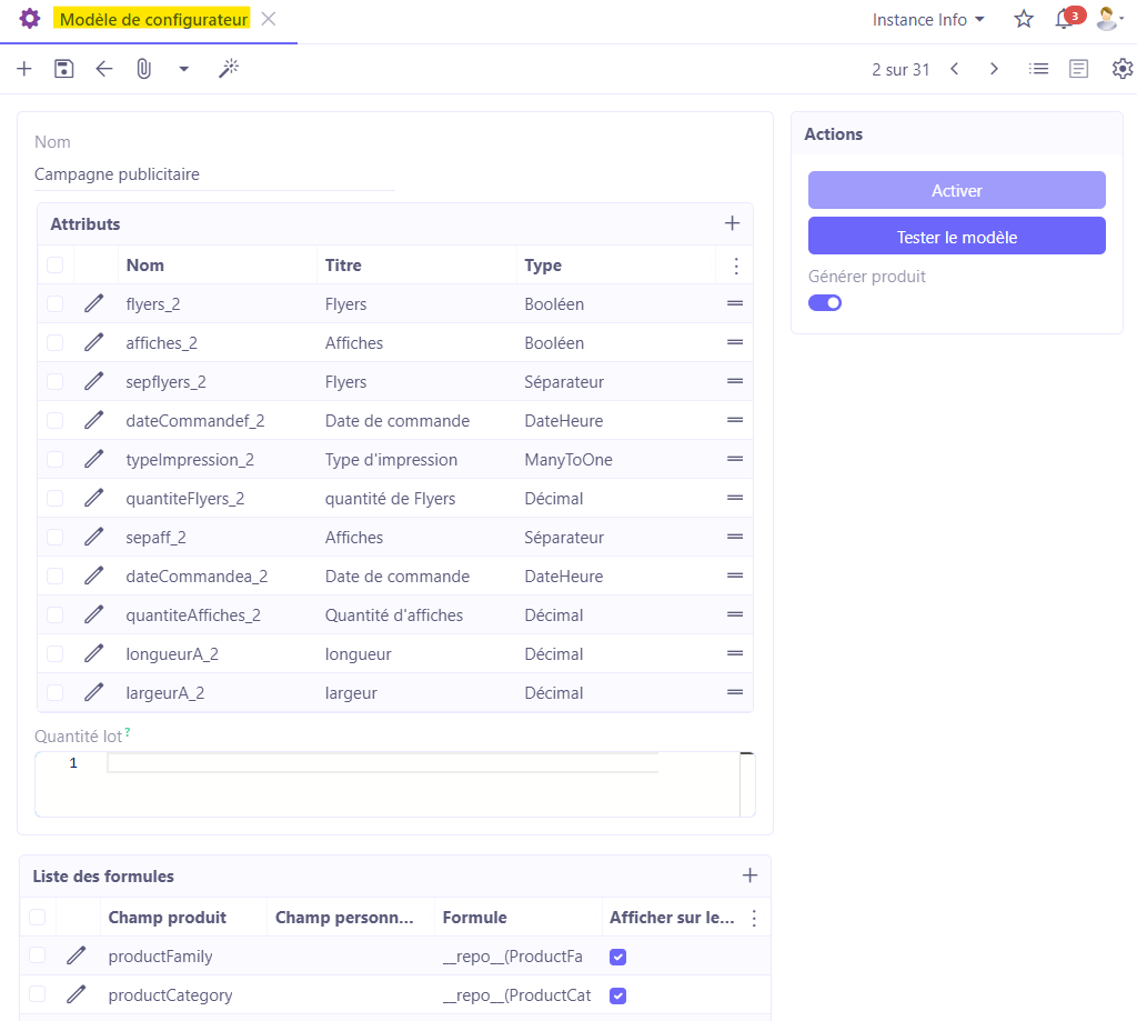 1.1. Accès : Production → Configuration → Configurateurs → Modèle de configurateur. Sur l'image : la fiche d'un modèle de configurateur.