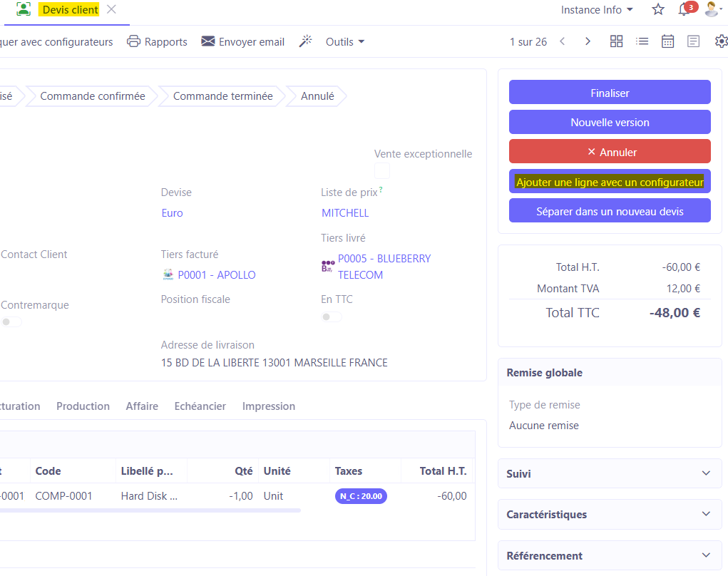 1.1. Accès : Ventes → Devis client → +. Cliquez sur le bouton “Ajouter une ligne avec un configurateur” afin d’ajouter une ligne avec un configurateur.