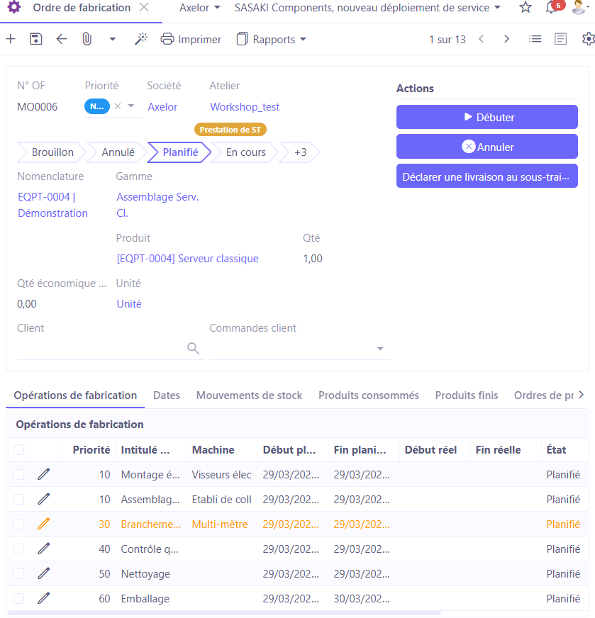 1.1. Accès : Production → Ordres de fabrication. Sur l'image : un ordre de fabrication.