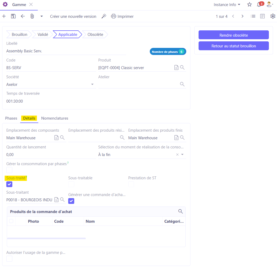 1.1. Accès : Production → Gammes → ouvrez une fiche de la gamme. Ouvrez l'onglet Détails et activez la case à cocher “Sous-traité” afin de sous-traiter l'ensemble de la gamme.
