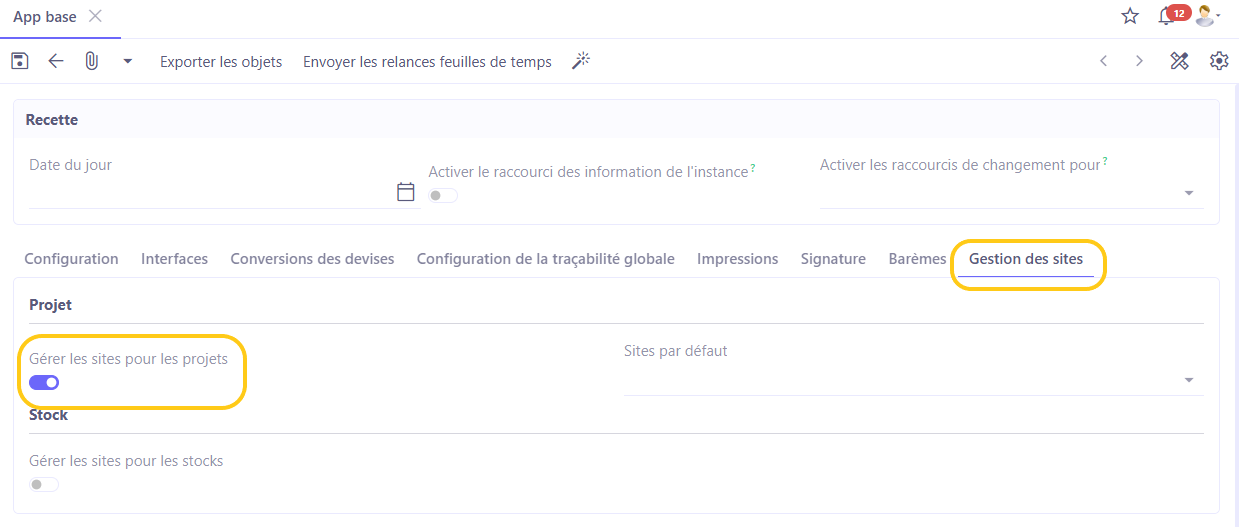 1.1. Config applicative → Gestion des applications → Base, configurer → onglet Gestion des sites → activez l’option “Gérer les sites pour les projets”.