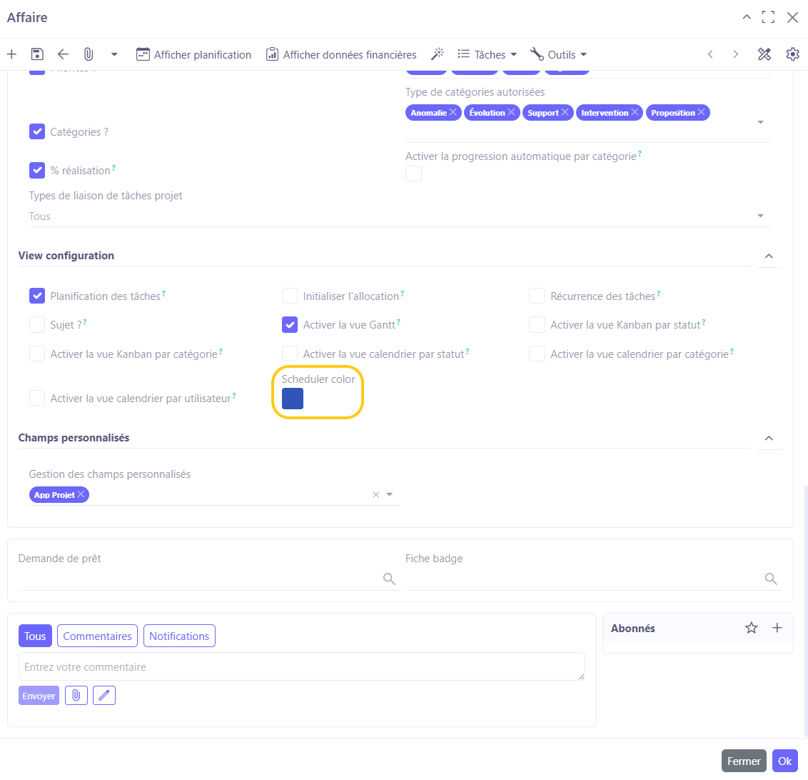 1.1. Dans la vue “Planning par employé”, vous pouvez spécifier la couleur du planificateur (schedulerColor) dans la configuration du projet.