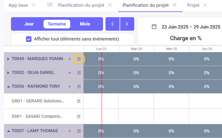 1.1. Le formulaire AOS d'un employé ou d'un projet spécifique peut être ouvert en cliquant sur le bouton en forme de flèche situé dans la section Parent/Enfant.