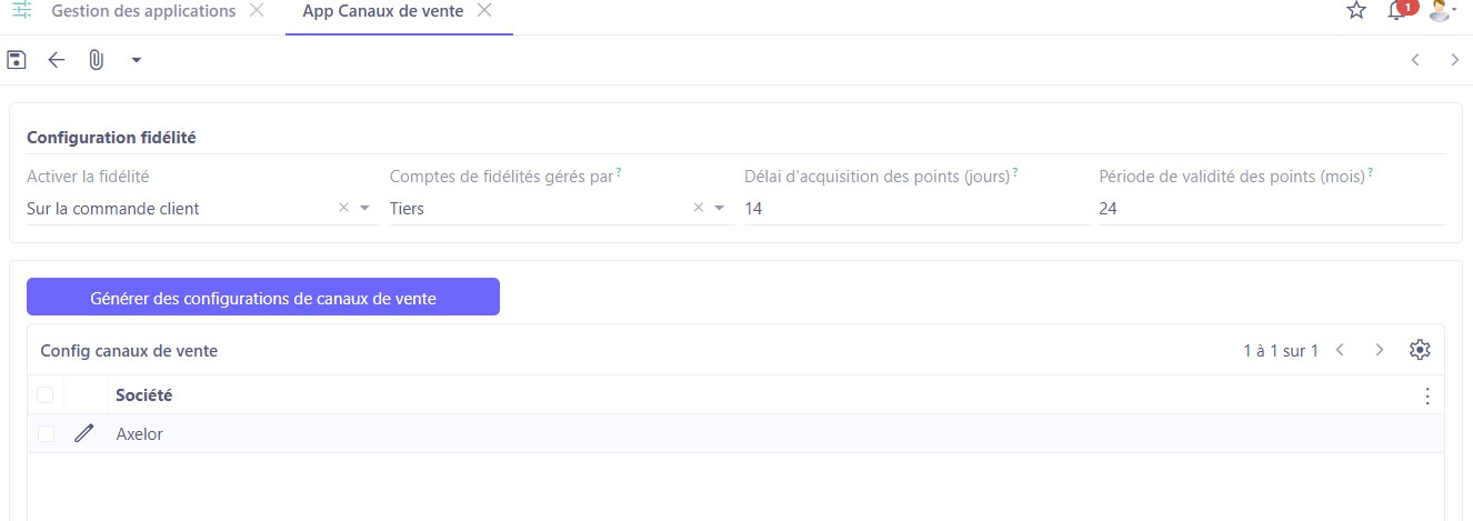 1.1. Activez la Fidélité. Accès: Config applicative → Gestion des applications → Sales Channels (Canaux de vente), configurer → activez la fidélité dans le champ “Activer la fidélité”.