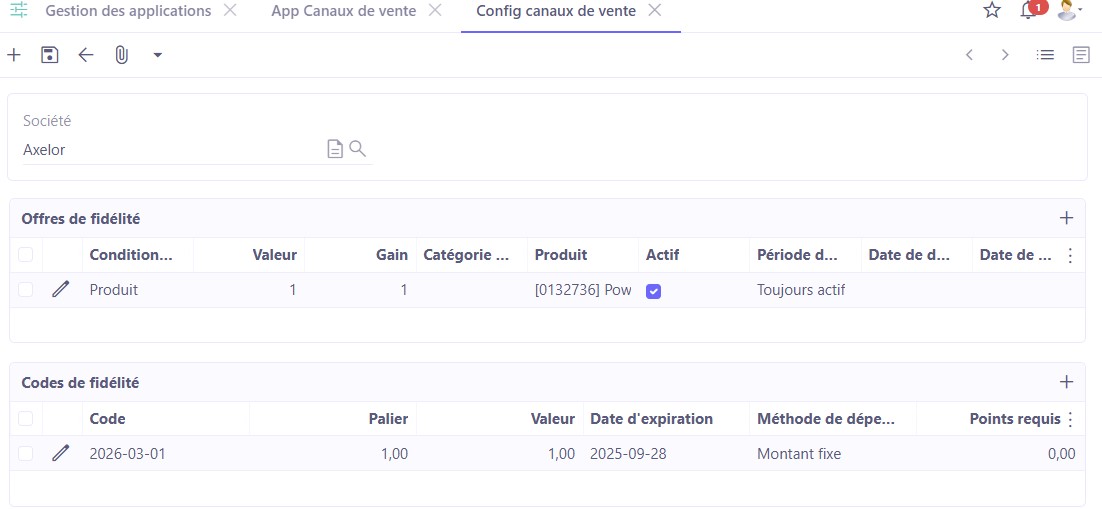 1.2. Cliquez sur la société concernée (dans les configurations de l'app Sales Channels) afin de pouvoir configurer les offres de fidélité et les codes de fidélité. Vous allez vous retrouver sur la page Configuration Canaux de vente.